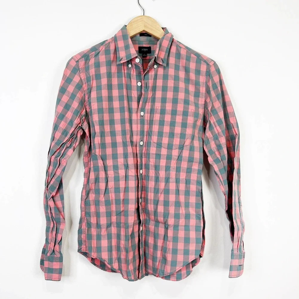 J. Crew mens pink and green buffalo plaid button down shirt slim fit size small